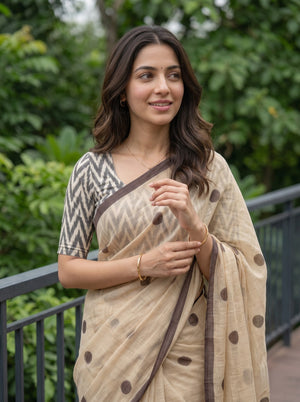 Cotton Saree in Beige with Brown Polka Dot Pattern