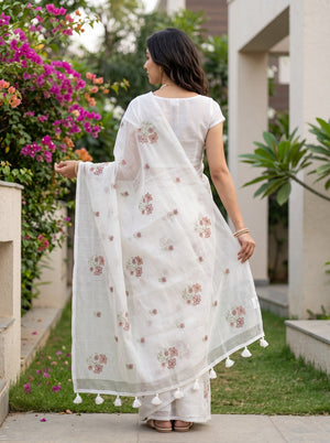 Kota Doria White Pink Floral Cross-Stitch Embroidery Saree