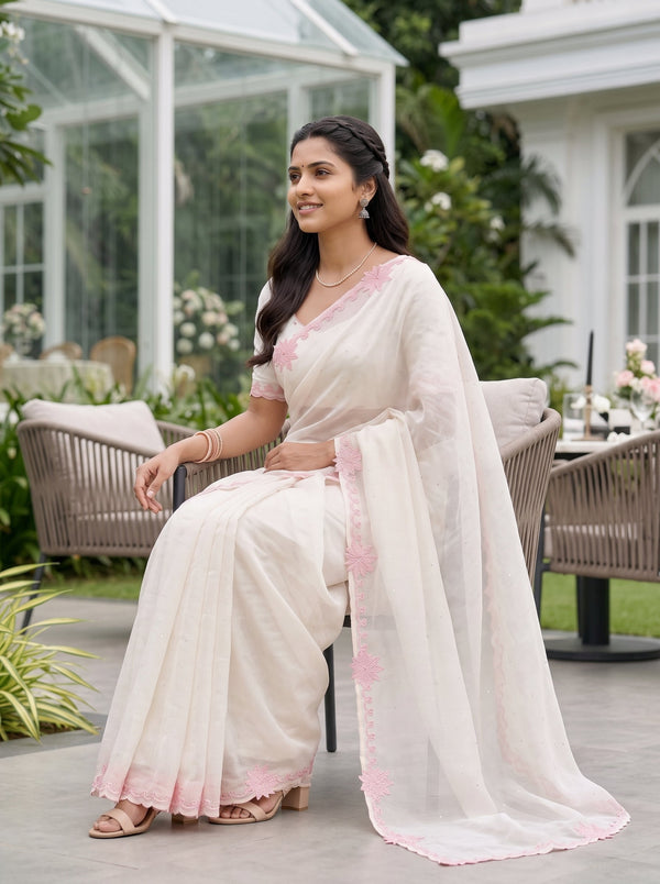 Organza Off White Pink Floral Border Sequin Saree