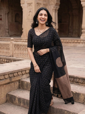 Cotton Silk Black Golden Polka Dot Mandala Floral Brocade Pallu