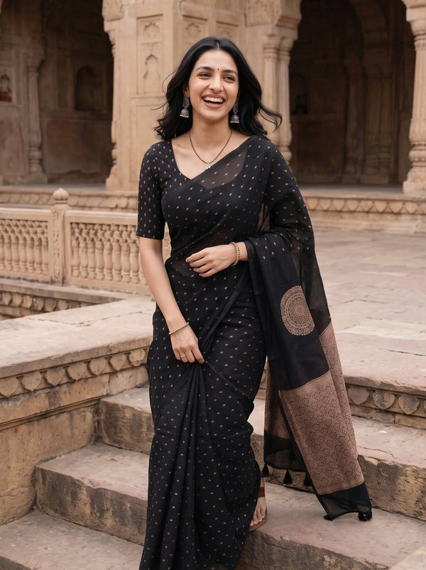 Cotton Silk Black Golden Polka Dot Mandala Floral Brocade Pallu