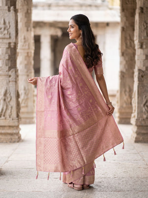 Banarasi Dusty Rose Pink Golden Zari Floral Jaal Pallu Tassels Saree
