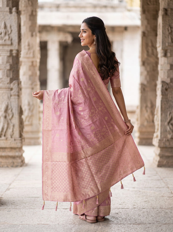 Banarasi Dusty Rose Pink Golden Zari Floral Jaal Pallu Tassels Saree