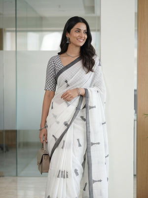 Cotton White Quirky Chess Print Saree with Grey Border