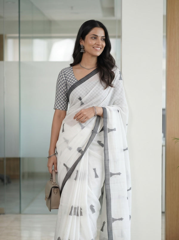 Cotton White Quirky Chess Print Saree with Grey Border