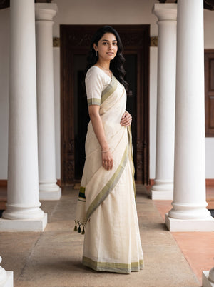 Tissue Cream Olive Green Tasseled Border Onam Kerala Saree
