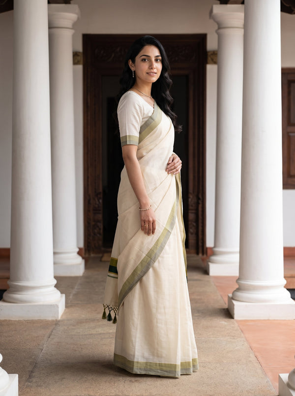 Tissue Cream Olive Green Tasseled Border Onam Kerala Saree