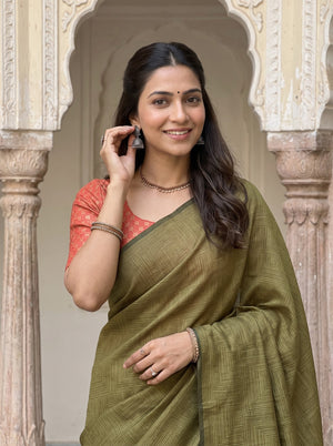 Semi Tussar Silk Olive Green Red Crosshatch Weave Pallu Saree