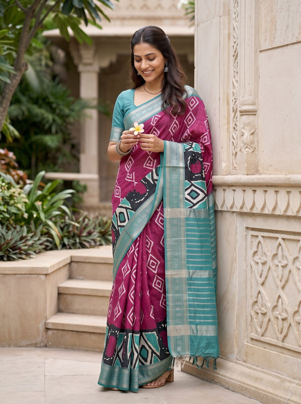 Pure Chanderi White Black Teal Abstract Print Saree