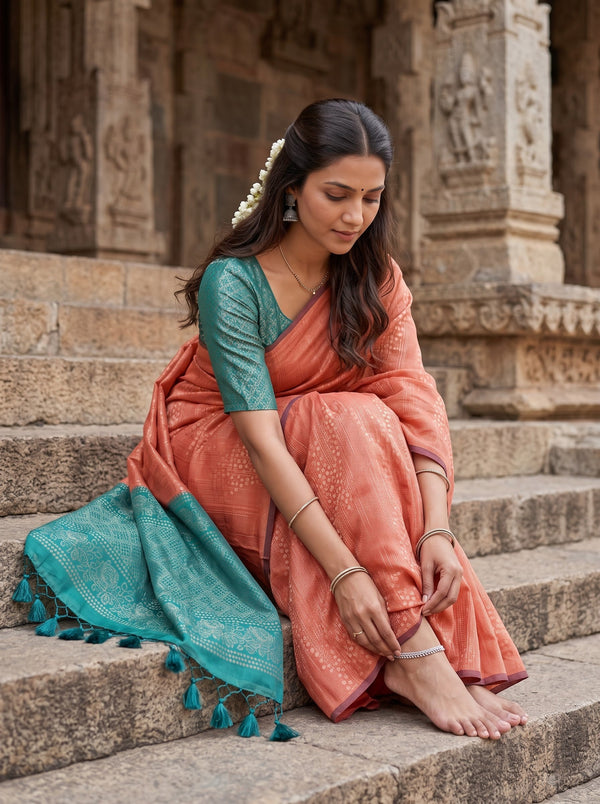 Semi Tussar Silk Coral Teal Floral Diamond Trellis Pallu Saree