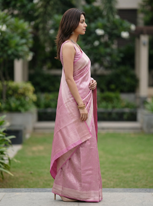 Kanjivaram Tissue Silk Dusty Rose Pink Saree with Tonal Silver Zari Floral Jaal