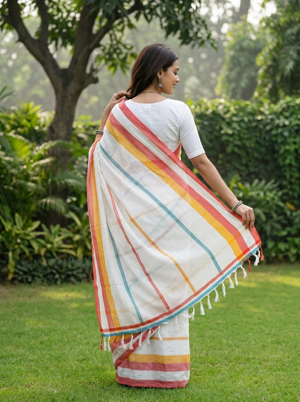 Cotton White & Multicolor Stripe Saree with Tassel Pallu