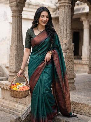 Pure Silk Bottle Green Plain Saree with Dual Tone Maroon Pallu