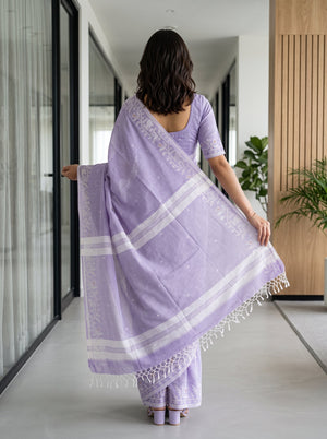 Cotton Lavender Lilac White Jamdani Woven Floral Vine Pallu Butta Saree