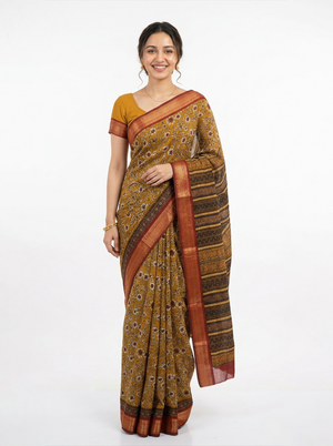 Chanderi Mustard Yellow Floral Printed Saree