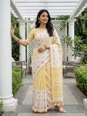 Linen Cream Yellow Ombre Multicolor Weave Lace Trim Saree