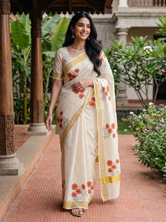 Cotton Cream Orange Cosmos Floral Print Kerala Saree with Golden Zari Border