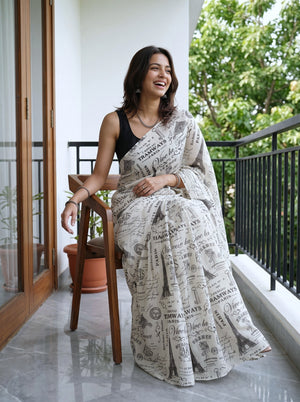 Synthetic Off White Black Paris Print Newspaper Theme Saree