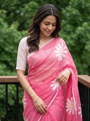 Cotton Pink Saree with White Daisy Floral Print