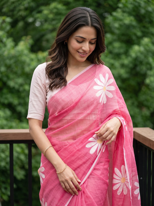 Cotton Pink Saree with White Daisy Floral Print