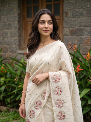Net Kota Beige Multicolor Floral Bouquet Border Saree
