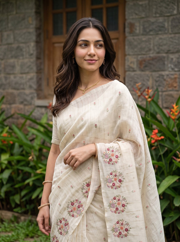 Net Kota Beige Multicolor Floral Bouquet Border Saree