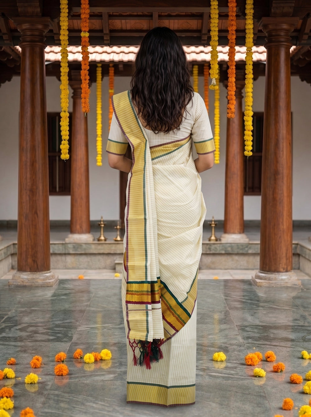 A woman modeling a cream-colored cotton saree with yellow, green, and red stripes, paired with a matching short-sleeve blouse, standing in a traditional courtyard with wooden pillars and hanging marigold garlands.