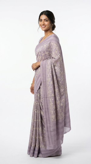 Cotton Lavender Purple Traditional Printed Saree