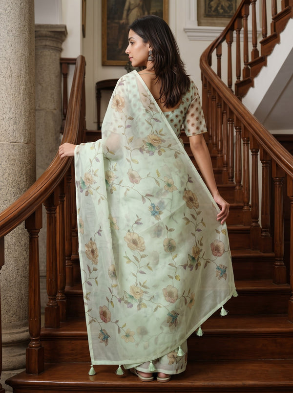 Organza Pista Green Watercolor Floral Vine Printed Zari Embroidered Tassels Saree