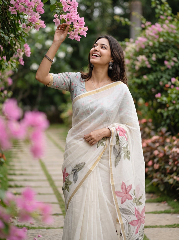 Linen Ivory Pink Lily Print Saree with Golden Border and Tassels