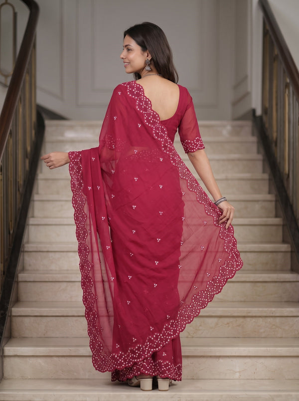 Mul Chanderi Red White Floral Sprig Cutwork Lace Border