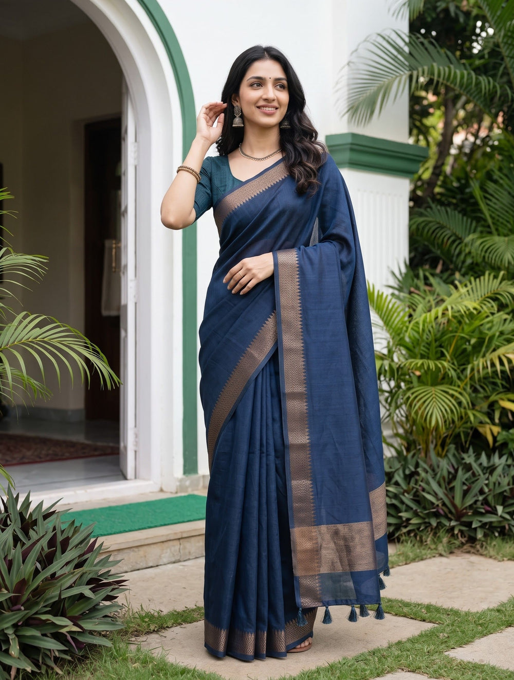 Matka Silk Navy Blue Gold Chevron Border Saree