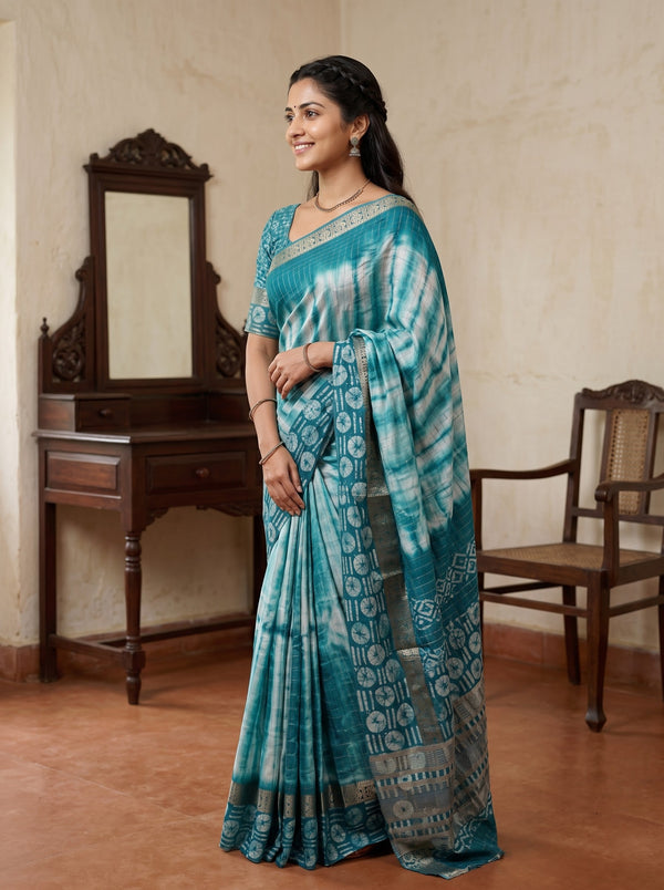 Chanderi Cotton Silk Teal White Shibori Batik Border Saree with Zari Trim