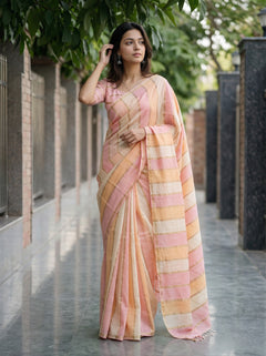Chanderi Cotton Pastel Ombre Stripe Saree with Golden Zari Lines
