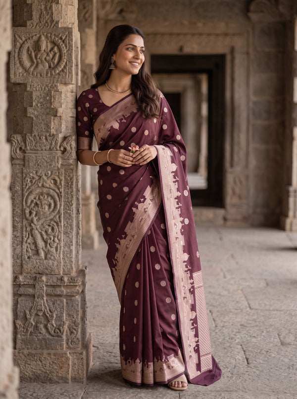 Banarasi Maroon Saree with Golden Paisley Motif and Rich Woven Border