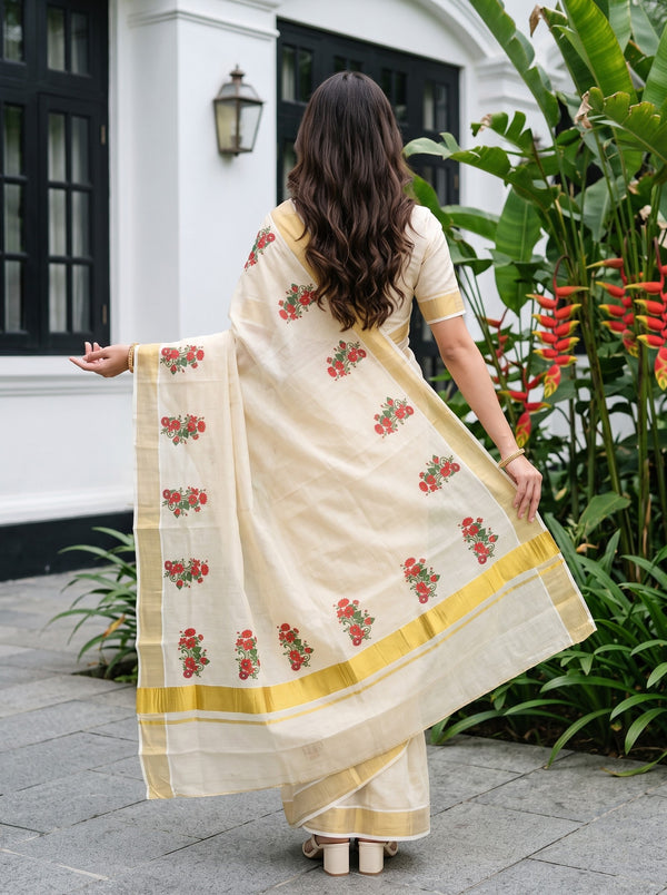 Tissue Cream Kerala Saree with Red Floral Print Pallu, Golden Zari Border