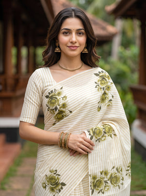 Cotton Cream Green Rose Print Saree with Gold Pinstripe