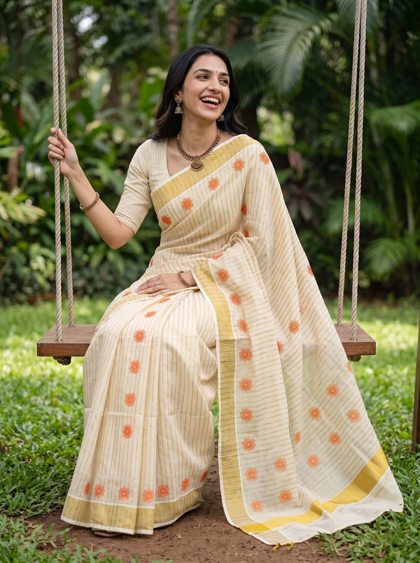Tissue Cream Orange Lotus Print Kerala Saree with Golden Zari Border