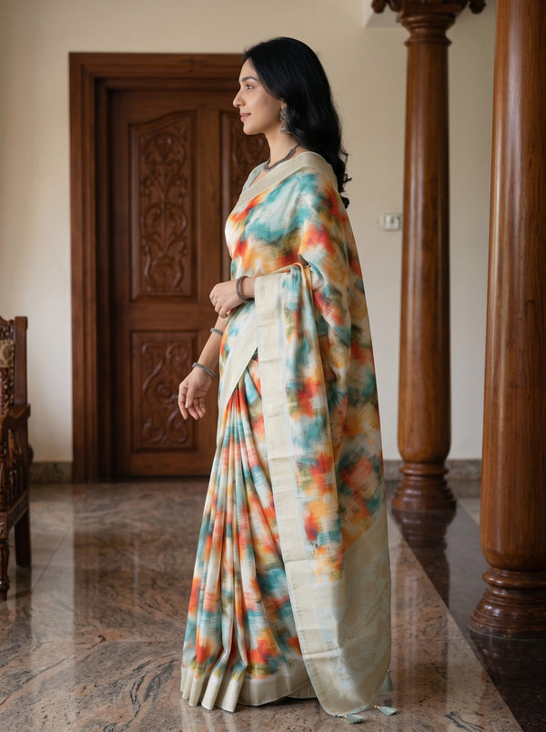 Semi Tussar Teal Orange Watercolor Print Saree with Golden Border and Tassels