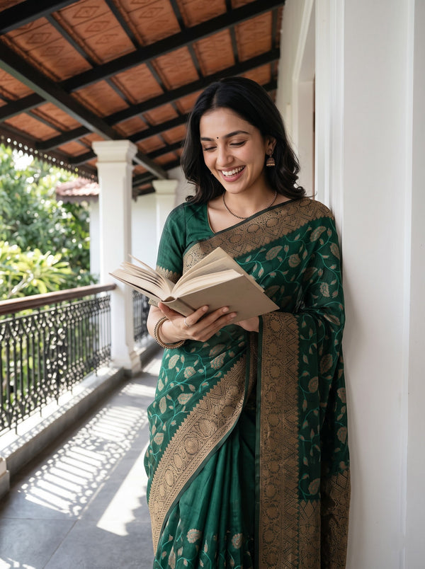 Cotton Silk Green Golden Zari Brocade Paisley Vine Saree