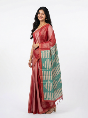 Tissue Silk Maroon-Pink Ombre Paisley Woven Saree with Contrast Green Pallu