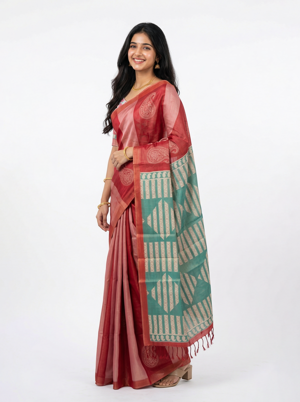 Tissue Silk Maroon-Pink Ombre Paisley Woven Saree with Contrast Green Pallu