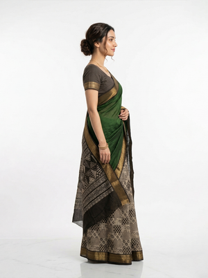 Chanderi Green Black Printed Pallu Saree