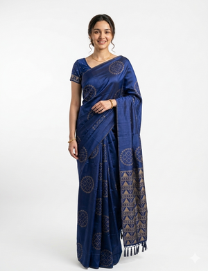 Art Silk Navy Blue Geometric Zari Motif Saree
