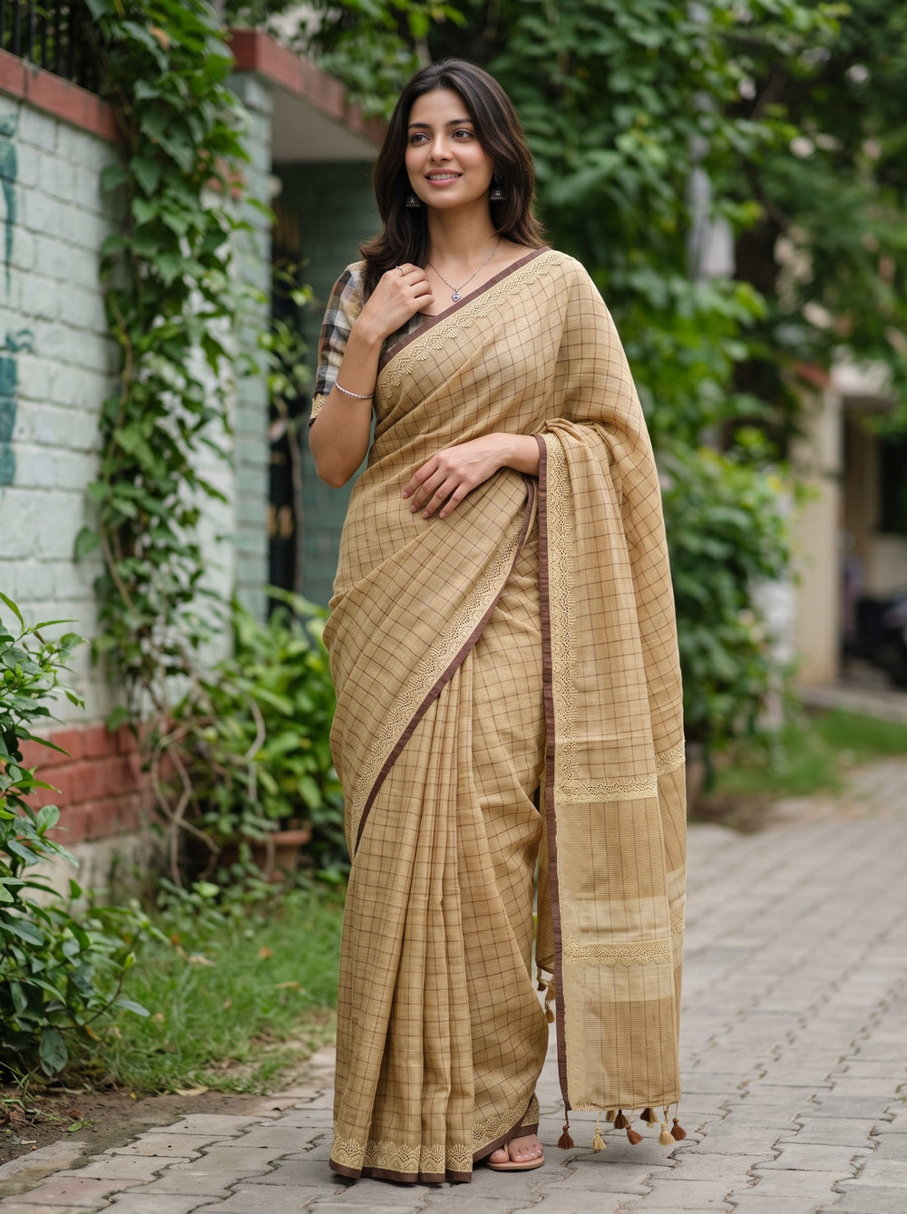 Linen Beige Rust Window Pane Checked Crochet Lace Trim Pallu Tassels Saree
