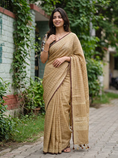 Linen Beige Rust Window Pane Checked Crochet Lace Trim Pallu Tassels Saree