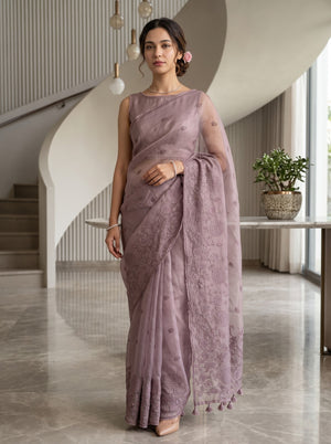 Organza Mauve Embroidered Floral Saree with Tasseled Pallu