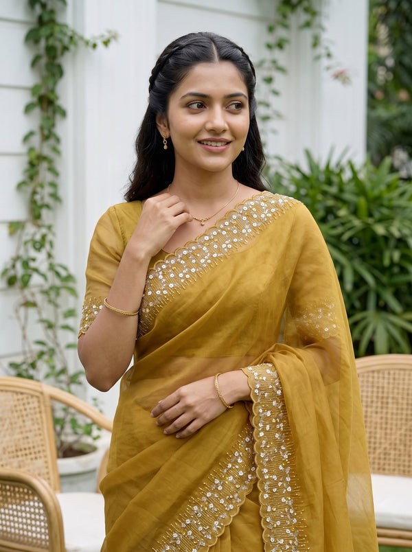Organza Mustard Yellow White Floral Star Embroidered Sequin Lace Border Scalloped Edge Saree