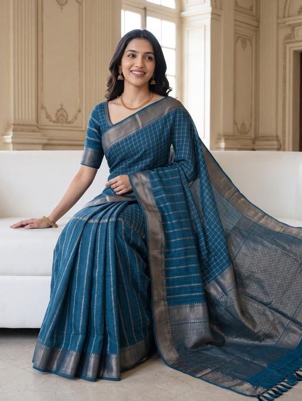 Semi Silk Peacock Blue Half-Striped Half-Checkered Saree with Tassels