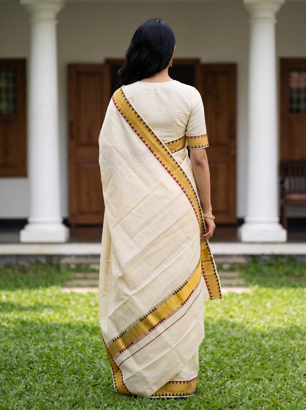 Tissue Cream Yellow Zigzag Temple Border Onam Kerala Saree